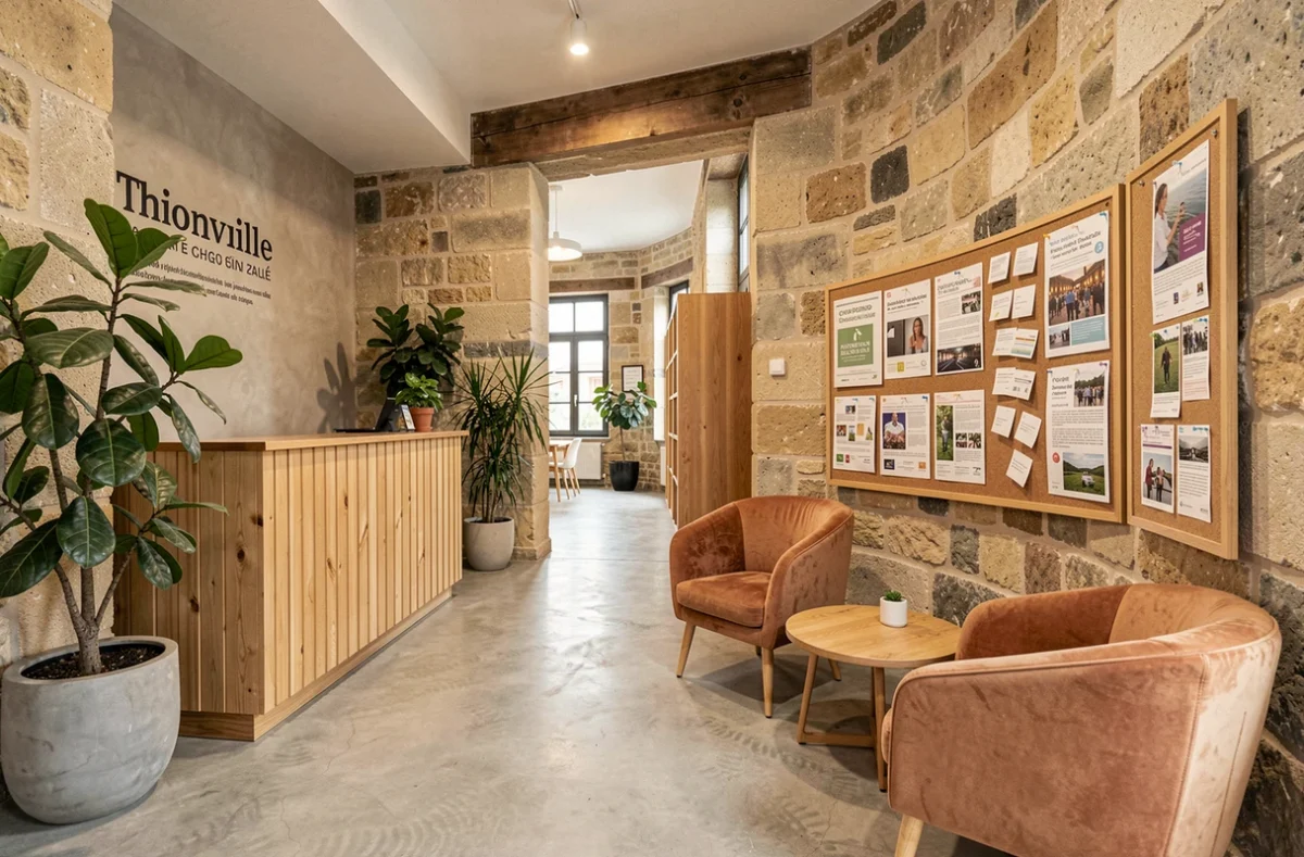 Espace d'accueil et salon commun d'un coworking à Thionville dans un bâtiment rénové avec architecture en pierre et design moderne