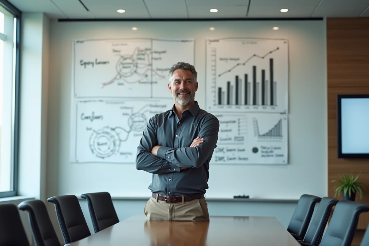 Manager présentant une méthode structurée pour améliorer les résultats d'entreprise devant un tableau blanc en salle de réunion
