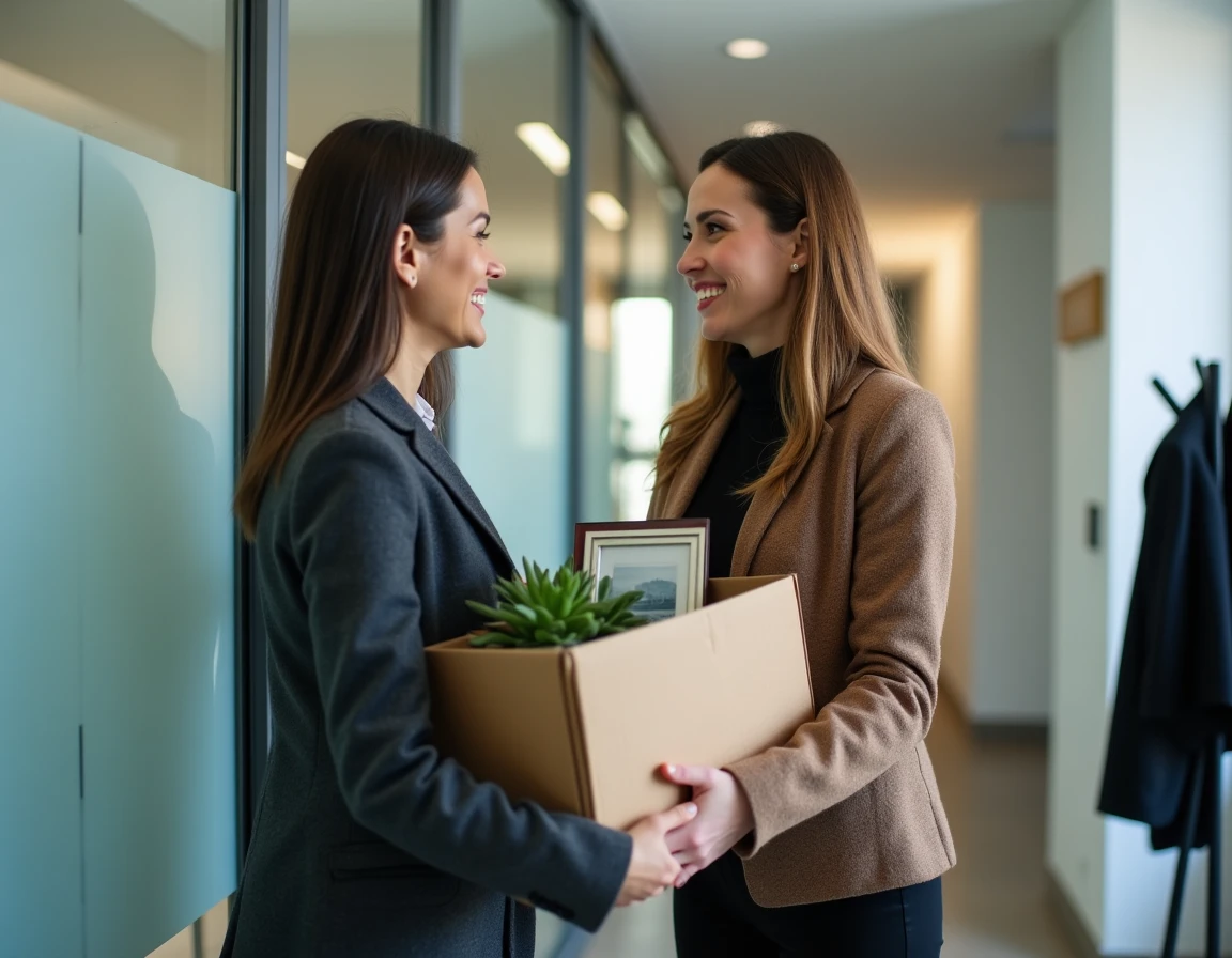 Deux collègues féminines se disant au revoir avec une accolade chaleureuse lors d'un départ professionnel