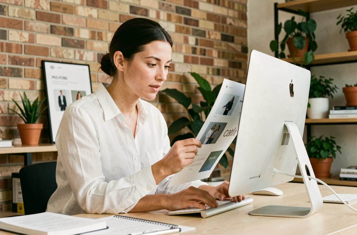 Directrice créative de l'agence Bellvision présentant des maquettes de site internet dans un studio moderne