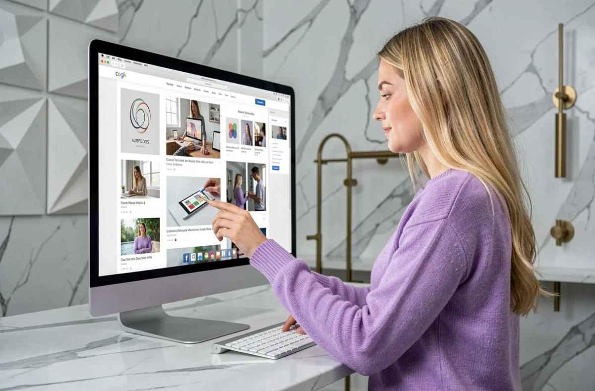 Designer de Celestia Studio affinant une interface de site internet élégante dans un studio créatif raffiné