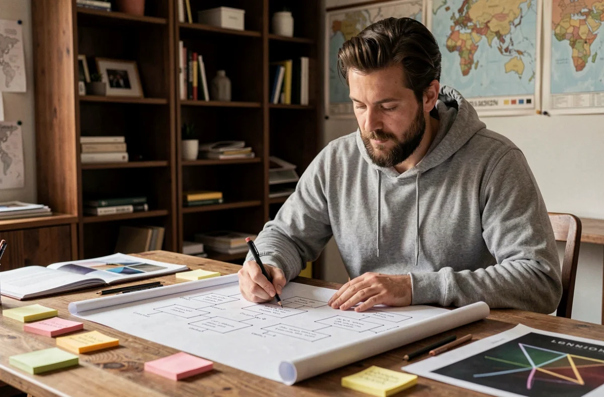 Designer de l'agence L'inuit élaborant des wireframes et des concepts de site internet dans un studio créatif