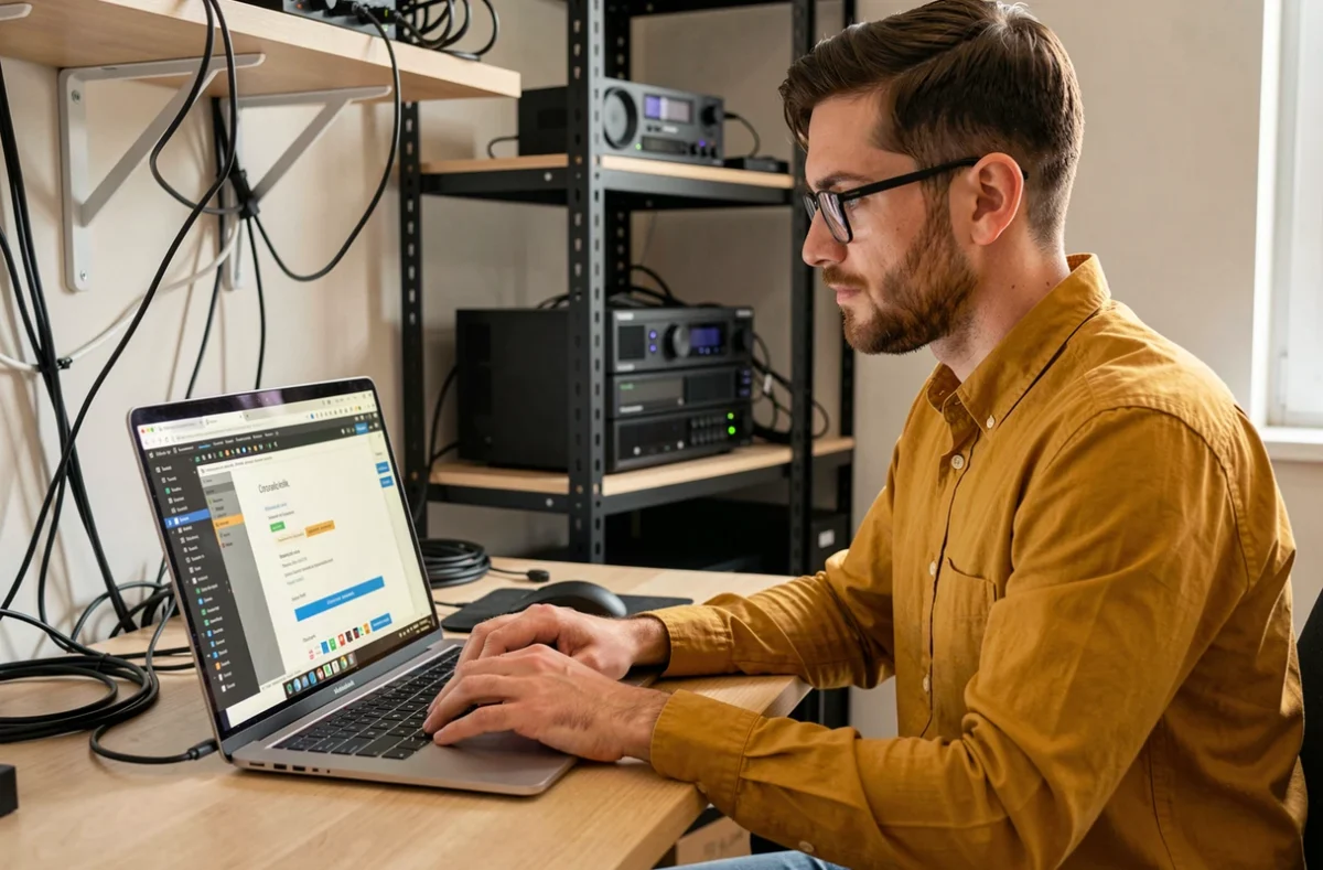 Développeur frontend de l'agence Obug déboguant un site internet sur un poste de travail moderne