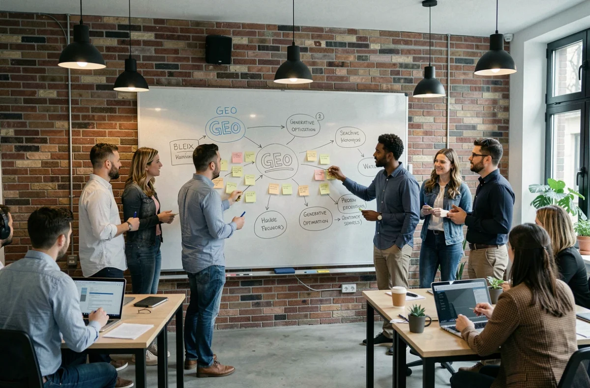 L'équipe de l'agence Stafe à Nantes lors d'une session de travail sur le GEO et le GSO devant un tableau blanc