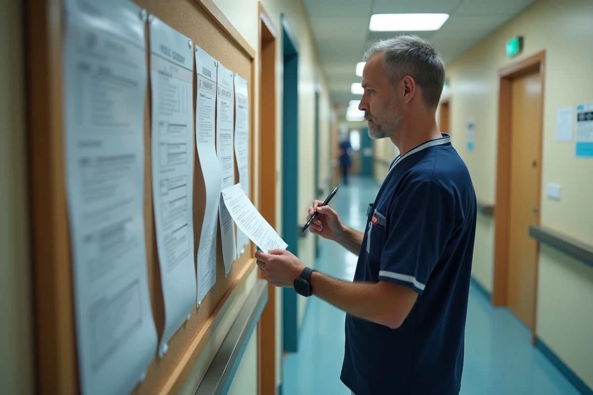 Agent de soin en établissement médico-social consultant un planning de travail à temps partiel affiché dans un couloir