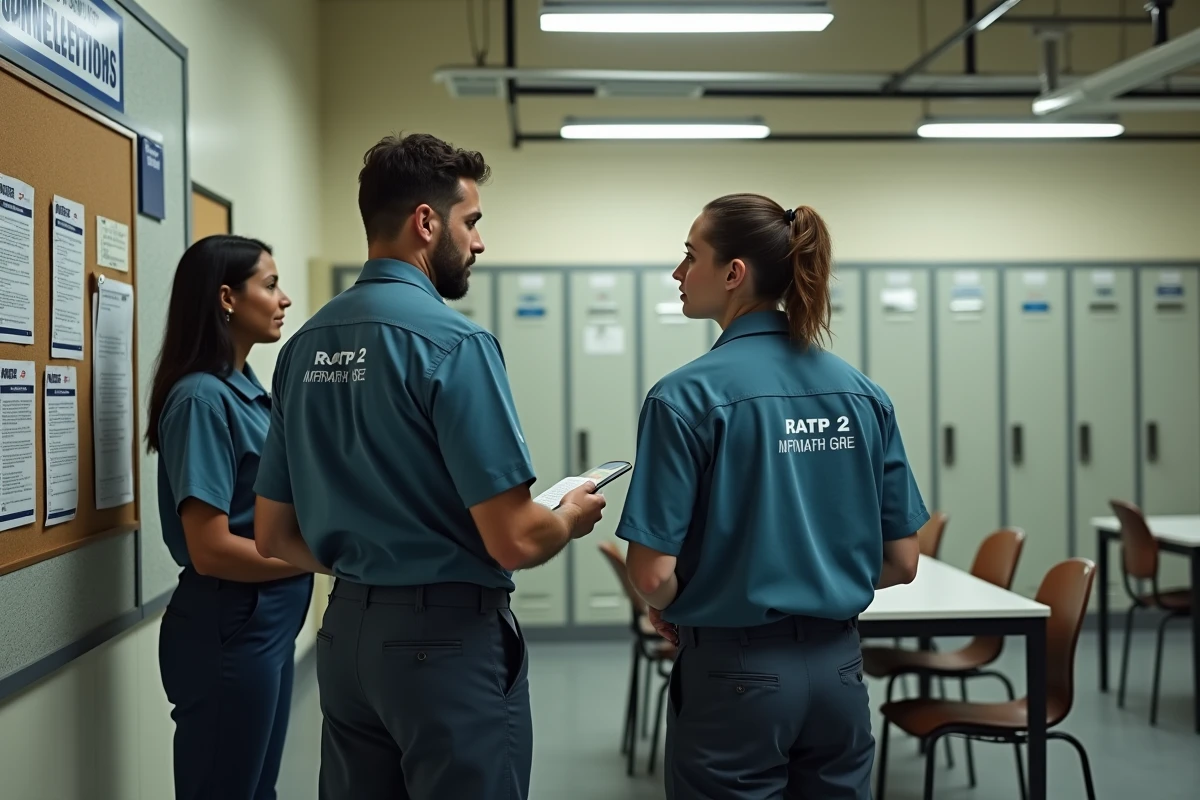 Agents RATP lisant les informations sur les aides du CSE2 dans une salle de pause de dépôt