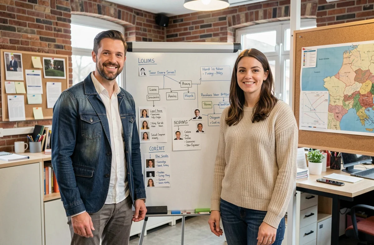 Deux conseillers en recrutement d'Alphéa Conseil devant un tableau de profils candidats dans un espace de travail collaboratif moderne