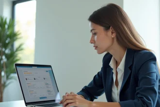 Professionnelle analysant des avis clients en ligne sur un tableau de bord de réputation numérique au bureau