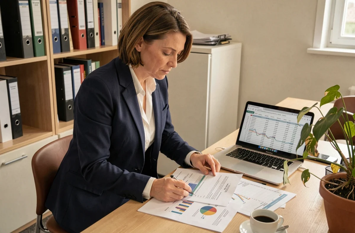 Femme d'affaires française analysant des documents financiers et des graphiques de ventes au détail dans un bureau moderne, illustrant les difficultés économiques du secteur textile