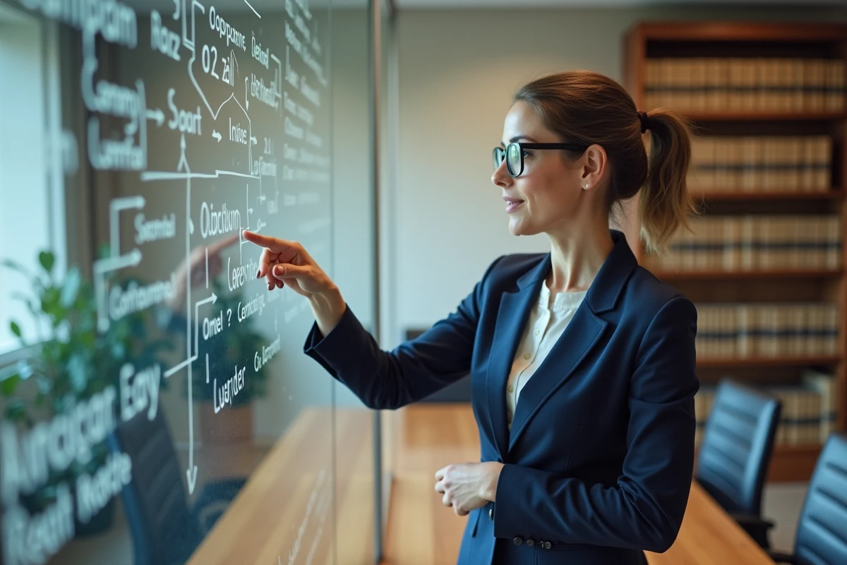 Avocate analysant un organigramme de sociétés fictives et montages juridiques suspects sur un tableau blanc en salle de réunion