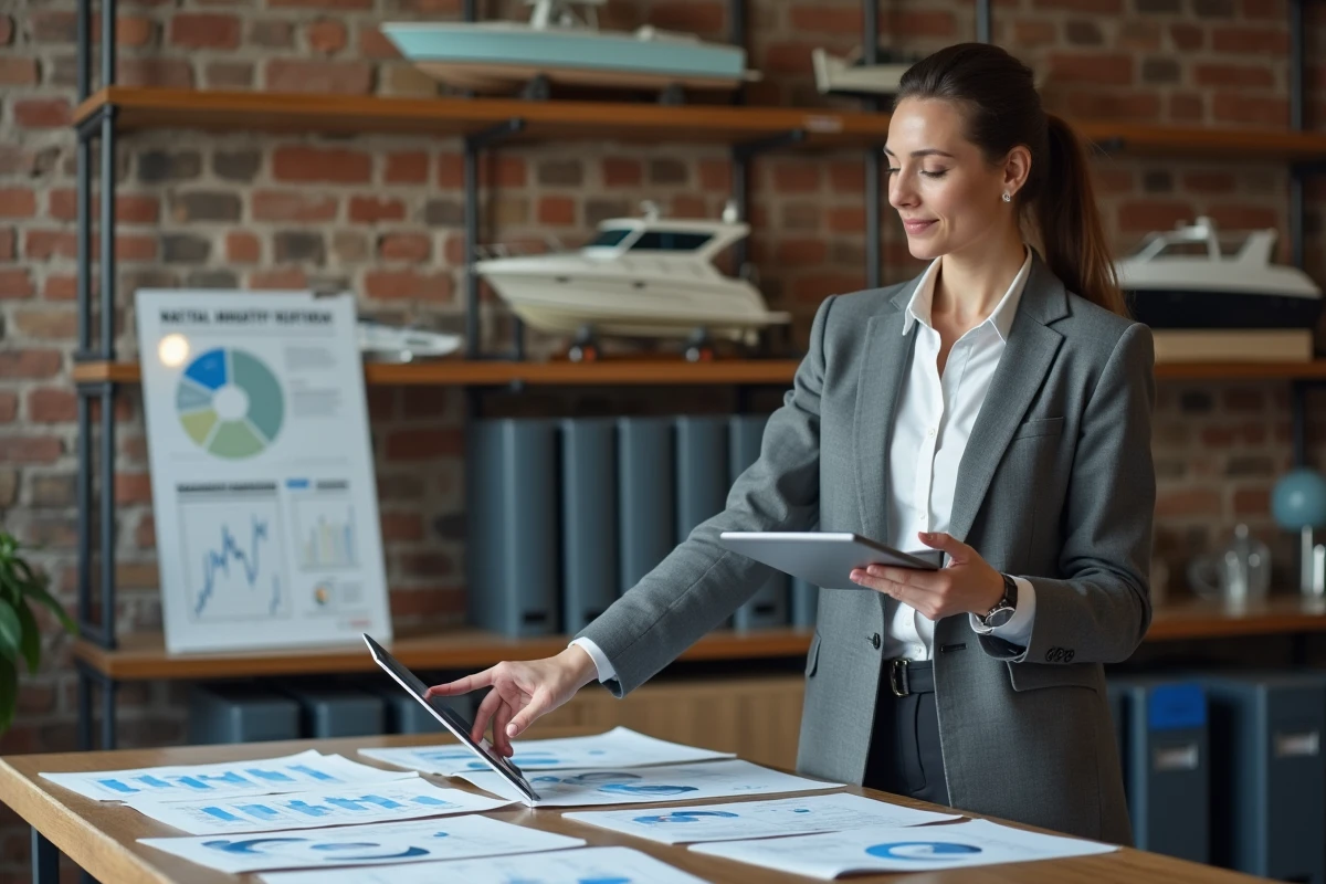 Professionnelle analysant des rapports de marché nautique et des données B2B sur tablette dans un espace de travail collaboratif