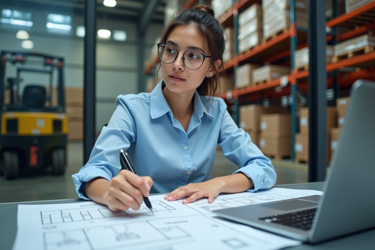 Jeune analyste logistique travaillant sur plans dans un bureau warehouse