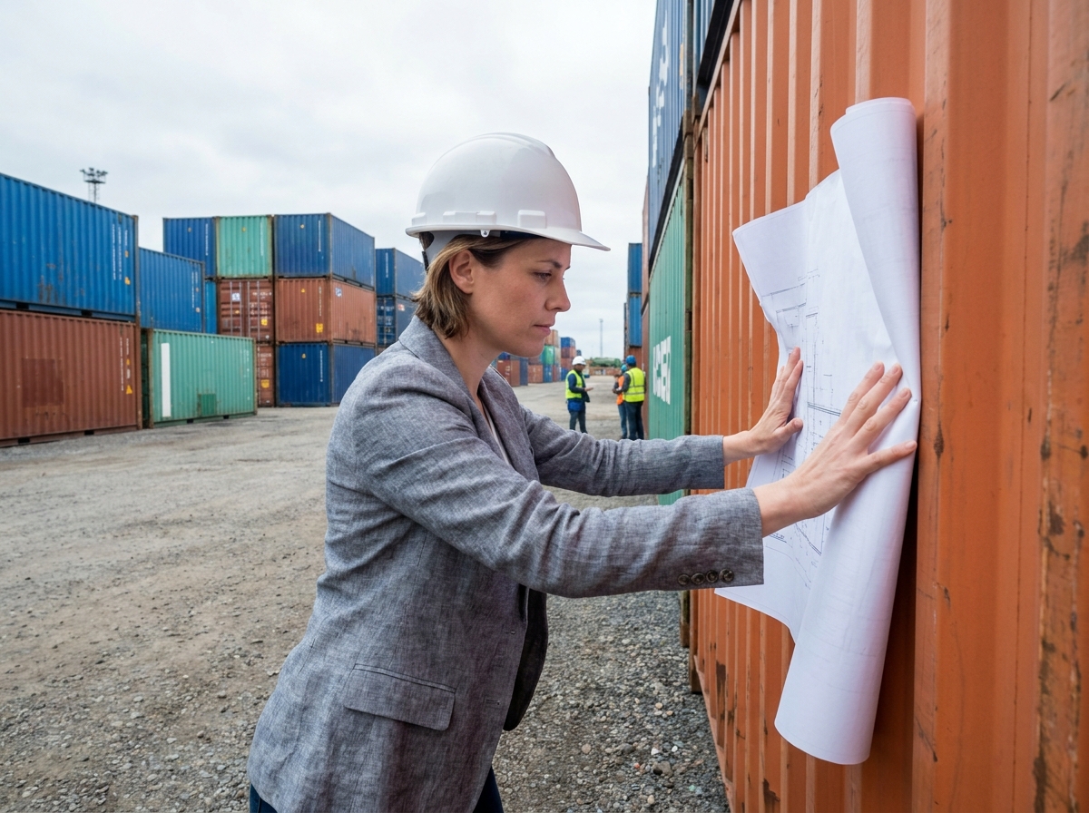 Architecte spécialisée dans la transformation de containers maritimes consultant des plans sur site dans un parc à containers