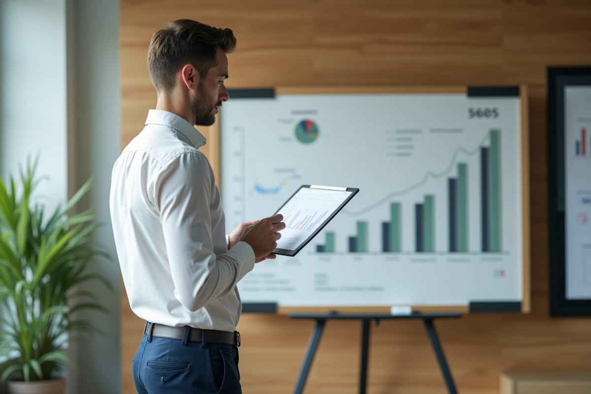 Jeune assistant RH analyse un graphique salarial dans une salle de réunion
