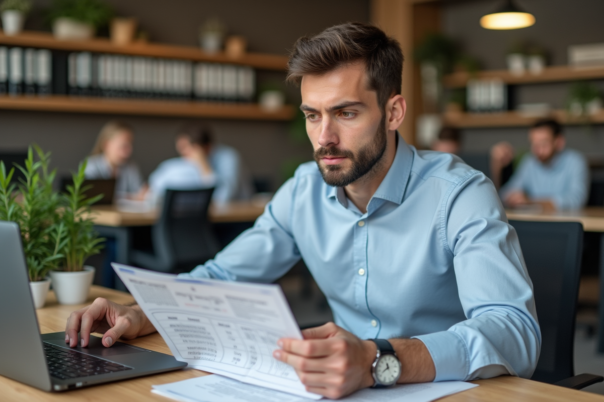 Auditeur travaillant seul à son poste avec un ordinateur portable