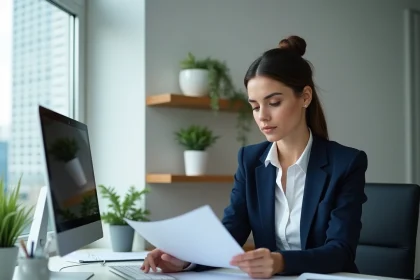 Auditrice d'un Big 4 en télétravail dans un bureau à domicile moderne avec double écran et documents d'audit