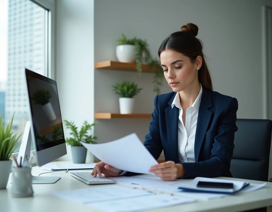 Auditrice d'un Big 4 en télétravail dans un bureau à domicile moderne avec double écran et documents d'audit