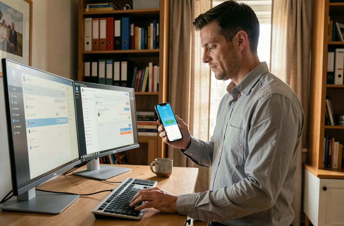 Homme utilisant une application d'authentification à deux facteurs pour sécuriser son compte professionnel depuis un bureau à domicile