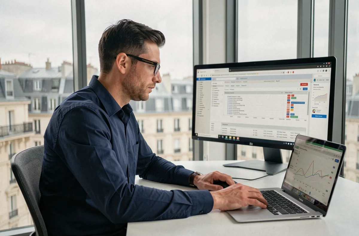 Axel Janvier, consultant SEO senior en Pays de la Loire, analysant des données de référencement naturel sur un double écran