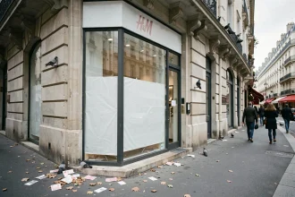 Devanture d'une boutique H&M fermée dans une rue commerçante française, vitrines recouvertes de papier blanc et logo estompé, ambiance urbaine désertée
