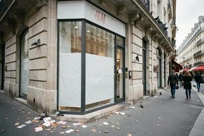 Devanture d'une boutique H&M fermée dans une rue commerçante française, vitrines recouvertes de papier blanc et logo estompé, ambiance urbaine désertée