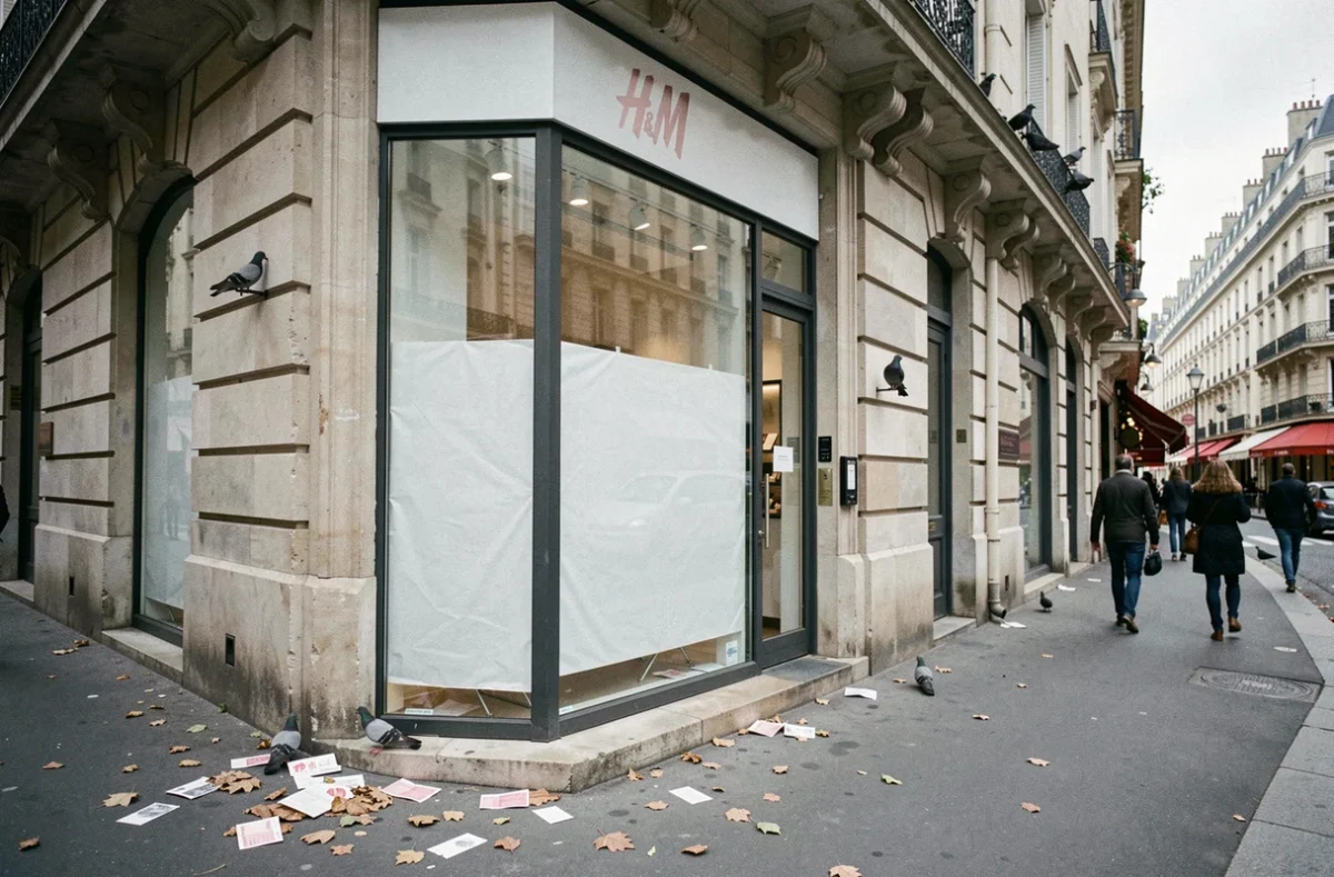 Devanture d'une boutique H&M fermée dans une rue commerçante française, vitrines recouvertes de papier blanc et logo estompé, ambiance urbaine désertée
