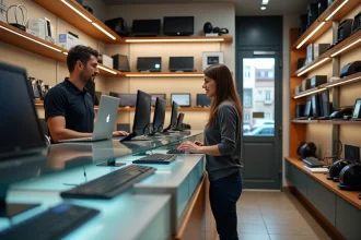 Boutique de matériel informatique à Lyon 8 avec un vendeur conseillant une cliente devant un comptoir vitré rempli d'accessoires tech