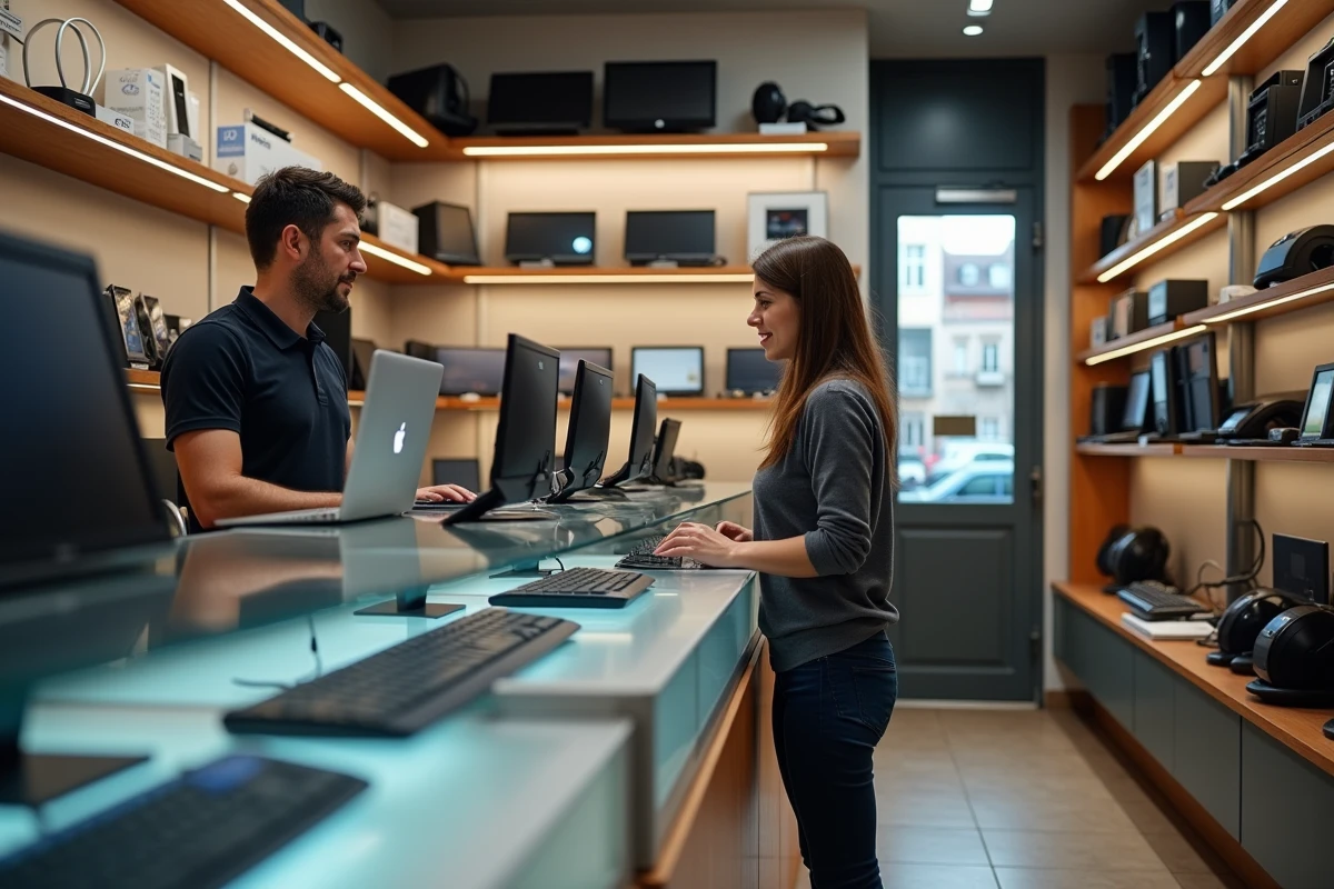 Boutique de matériel informatique à Lyon 8 avec un vendeur conseillant une cliente devant un comptoir vitré rempli d'accessoires tech
