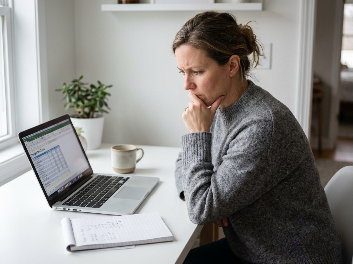 Femme calculant le budget d'un divorce par consentement mutuel sur un ordinateur portable à domicile