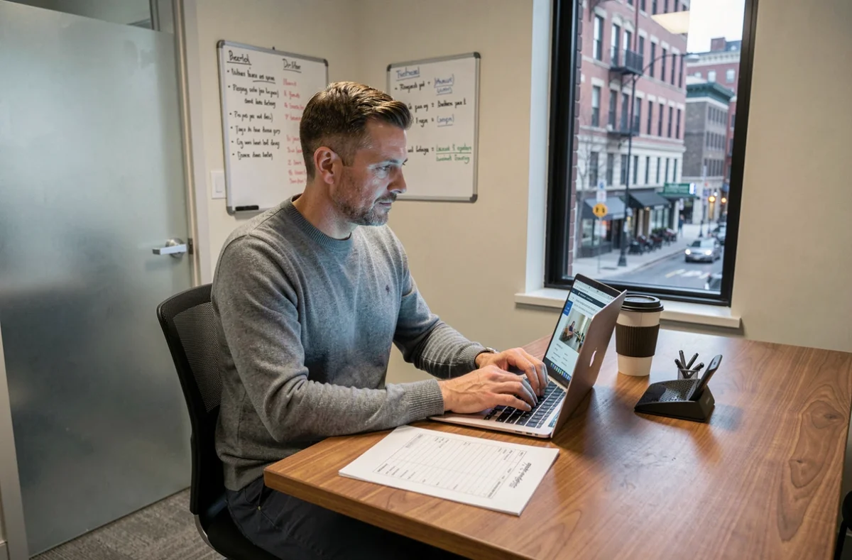 Entrepreneur calculant le budget pour la location d'un bureau à la journée dans un espace de coworking