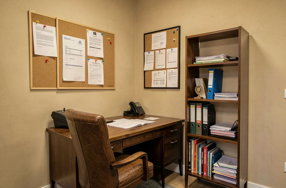 Bureau privé meublé à louer dans un espace de coworking parisien, avec contrat de bail affiché au mur