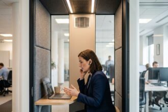 Femme en téléconsultation dans une cabine acoustique vitrée en open space de bureau moderne