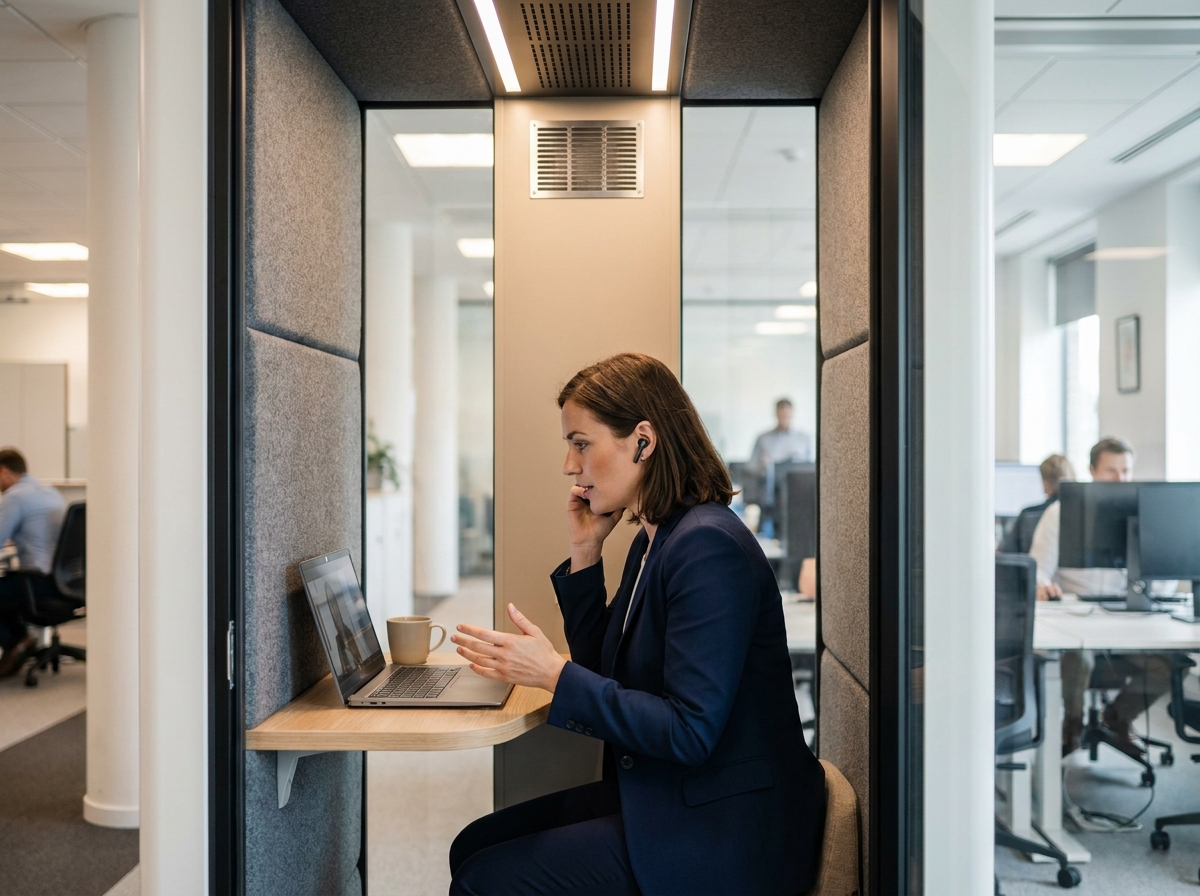 Femme en téléconsultation dans une cabine acoustique vitrée en open space de bureau moderne