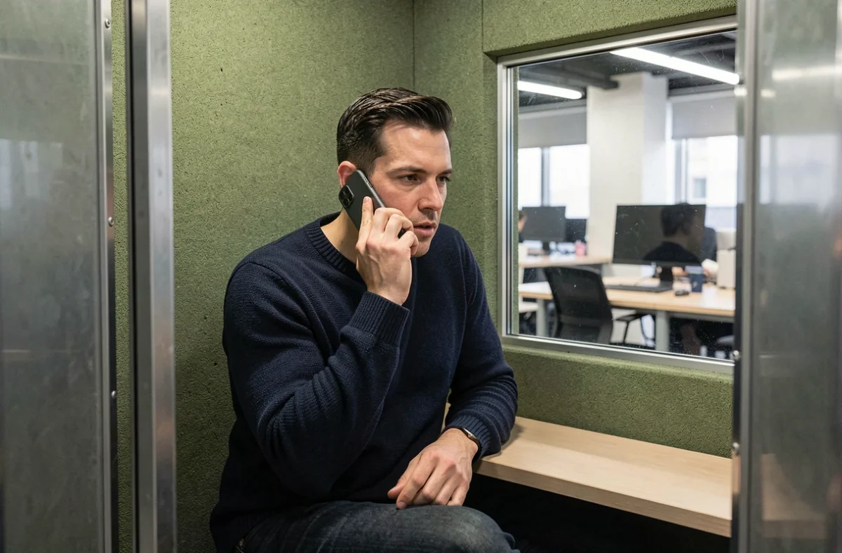 Homme en cabine phonique insonorisée dans un espace de coworking à Thionville lors d'un appel professionnel
