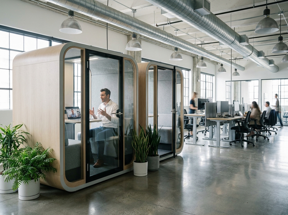 Vue grand angle d'un open space moderne avec deux cabines acoustiques installées près de bureaux debout