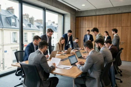 Vue d'ensemble d'un cabinet de recrutement moderne en Centre-Val de Loire avec des professionnels RH collaborant autour d'une table de réunion