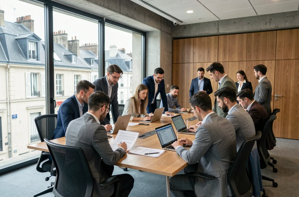 Vue d'ensemble d'un cabinet de recrutement moderne en Centre-Val de Loire avec des professionnels RH collaborant autour d'une table de réunion