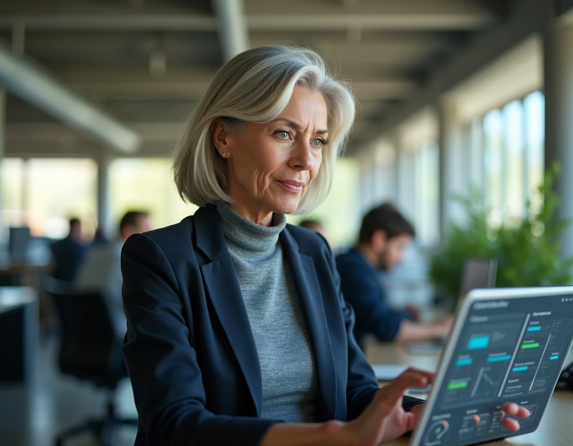 Cadre dirigeante dans un bureau technologique californien consultant une interface IA sur tablette pour les priorités 2026