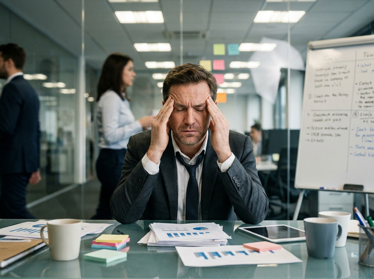 Cadre dirigeant épuisé submergé par un excès de projets de transformation en entreprise