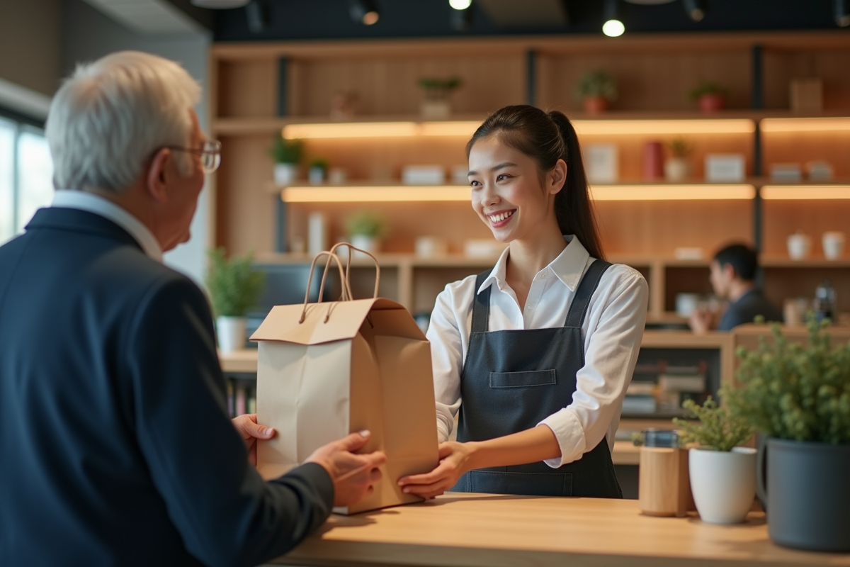 Assistante souriante remettant un sac à un client en magasin
