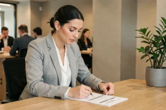Femme professionnelle calculant ses heures de travail sur un document papier dans un bureau moderne