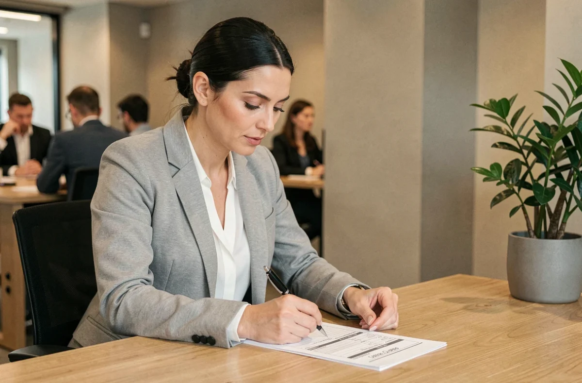 Femme professionnelle calculant ses heures de travail sur un document papier dans un bureau moderne