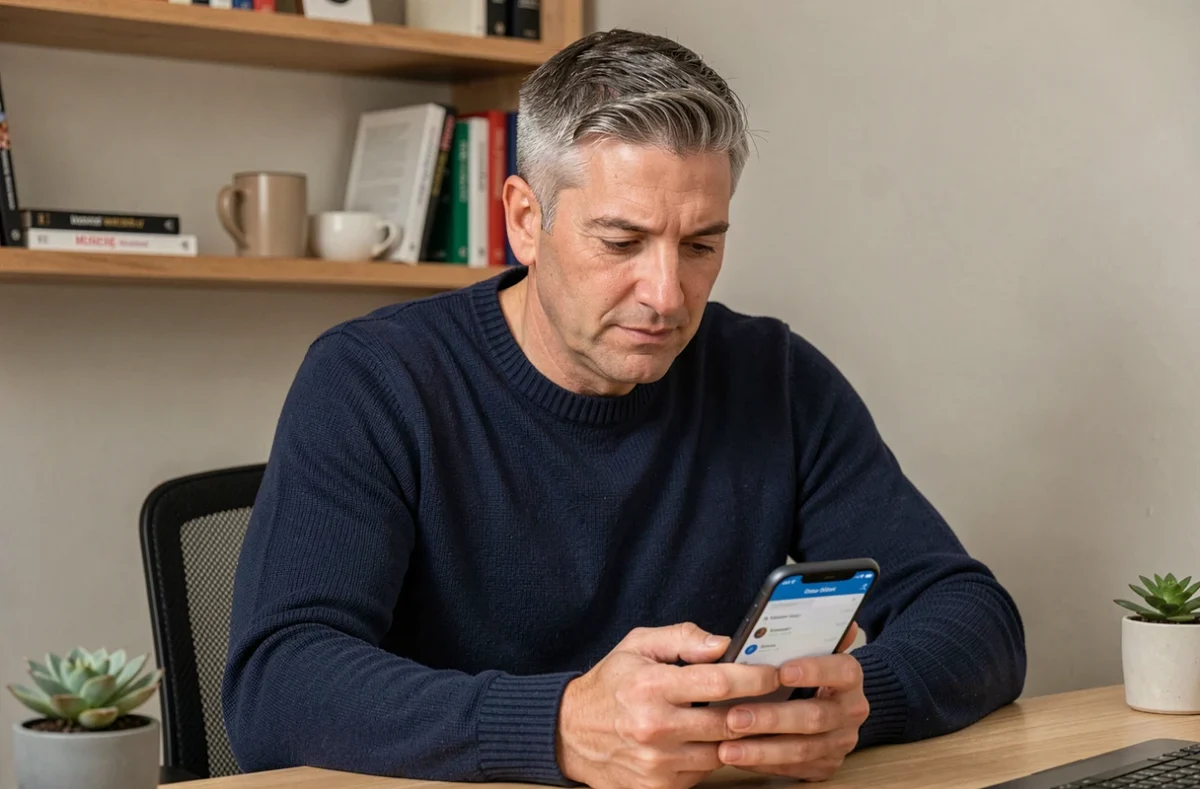 Homme en télétravail enregistrant ses heures de travail sur une application mobile depuis son bureau à domicile