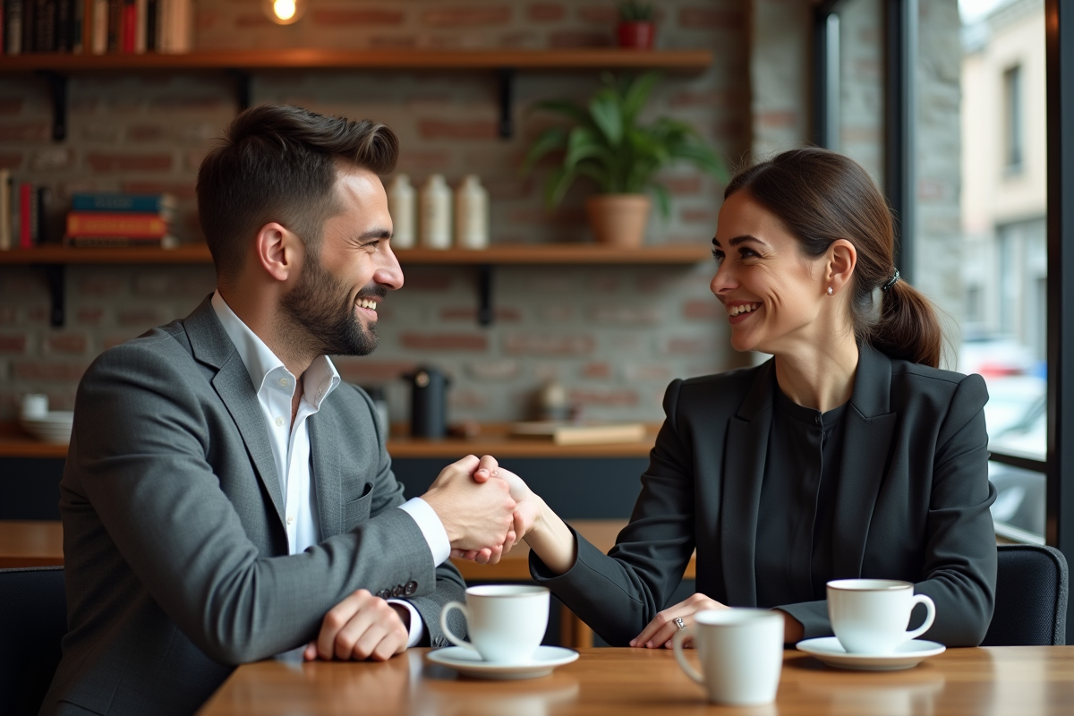 Consultant et cliente échangeant une poignée de main dans un café