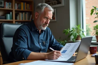 Chauffeur routier consultant un tableau de bord budgétaire et une fiche de salaire à son bureau à domicile