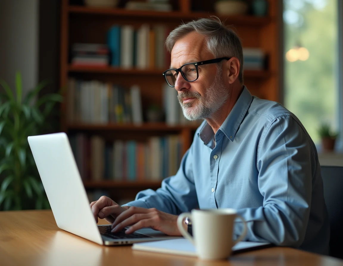 Chef d'entreprise consultant des options d'assurance professionnelle en ligne depuis son bureau à domicile