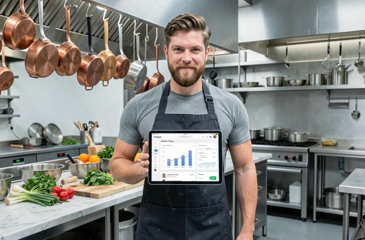 Chef cuisinier consultant un planning de publication Instagram dans une cuisine professionnelle pour cibler les meilleures heures selon sa niche food