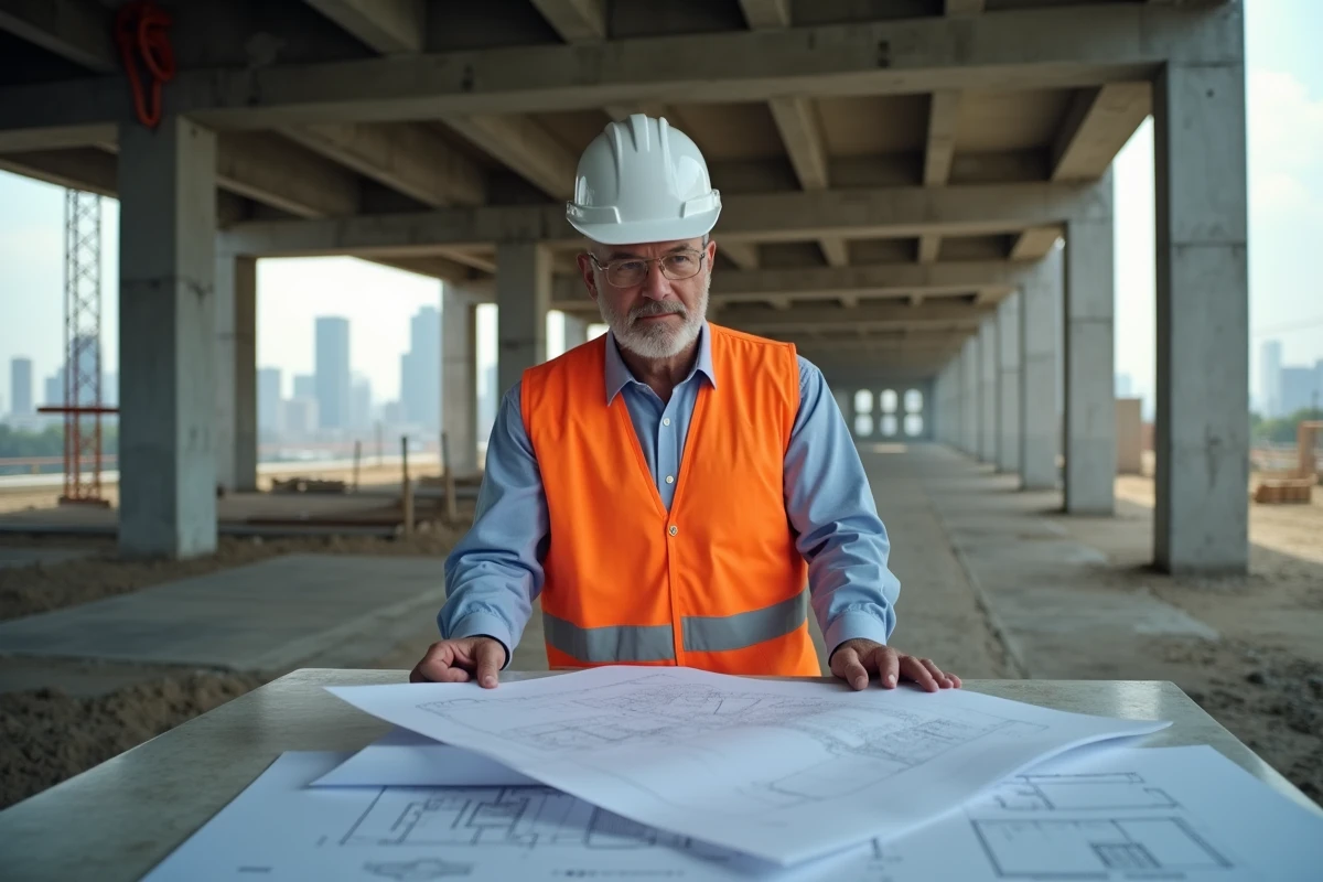 Chef de projet Munilla Construction Management en gilet haute visibilité révisant des plans d'architecture sur un chantier de construction en hauteur en milieu urbain