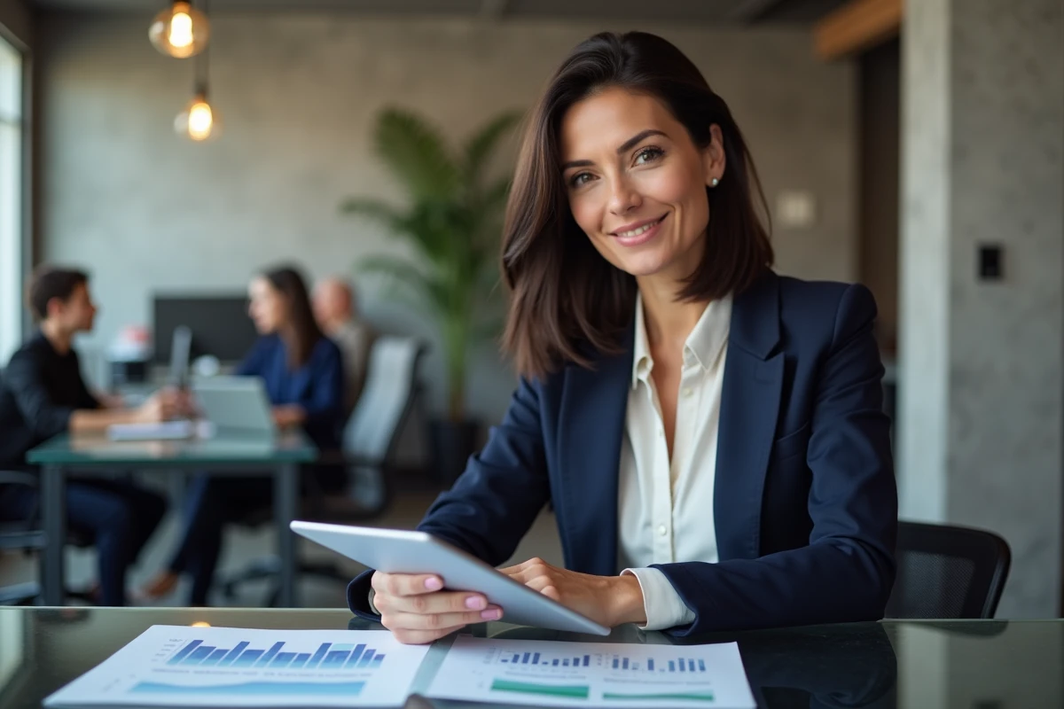 Femme cheffe d'entreprise consultant un tableau de bord fiscal sur tablette dans un espace coworking professionnel