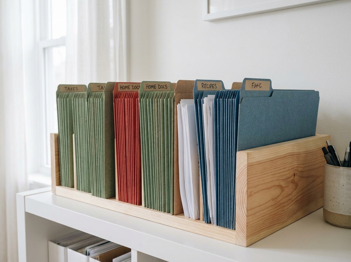 Rangement de chemises cartonnées étiquetées dans une boîte en bois sur une étagère murale blanche